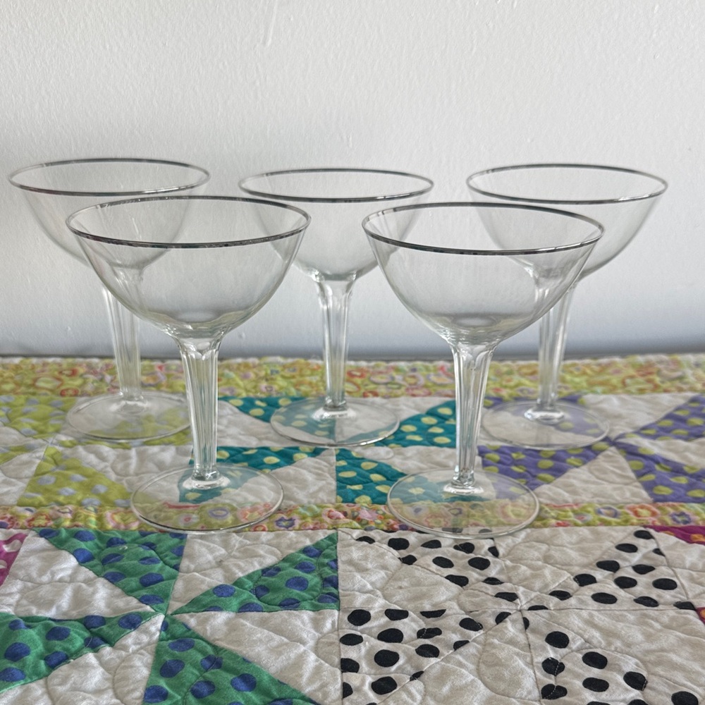Vintage Champagne Coupe Glasses Set with a Silver Platinum Rim, Set of 5